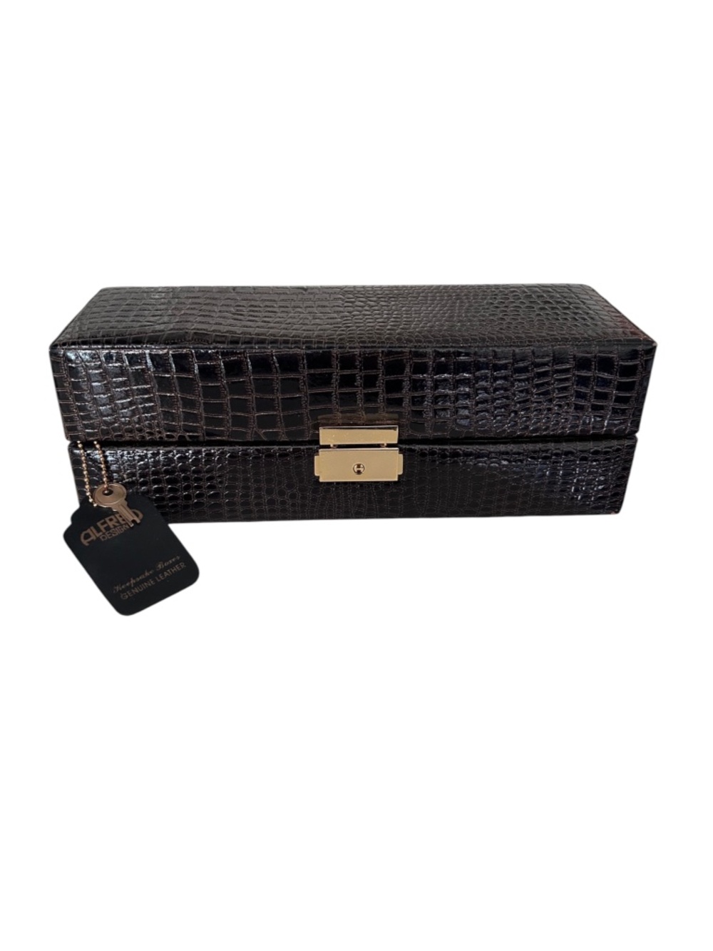 NWOT Alfred Design Keepsake Jewelry Box Genuine Croc Embossed Leather w/ Key